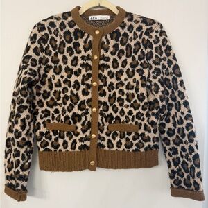Zara Women’s Small Brown Tan Leopard Print Button Up Cardigan Copper Buttons